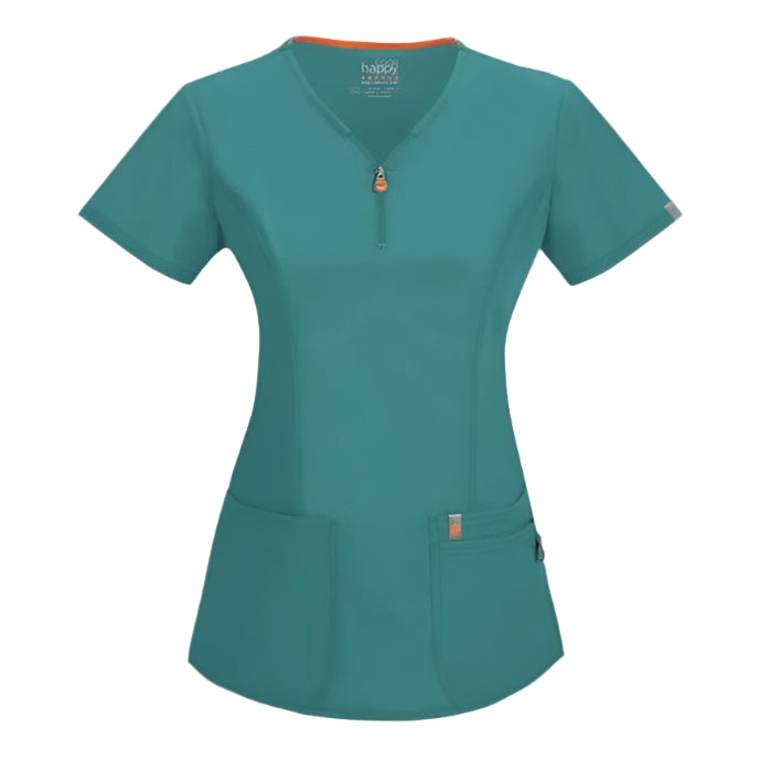 Codehappy Zipper V Neck Solid Scrub Top